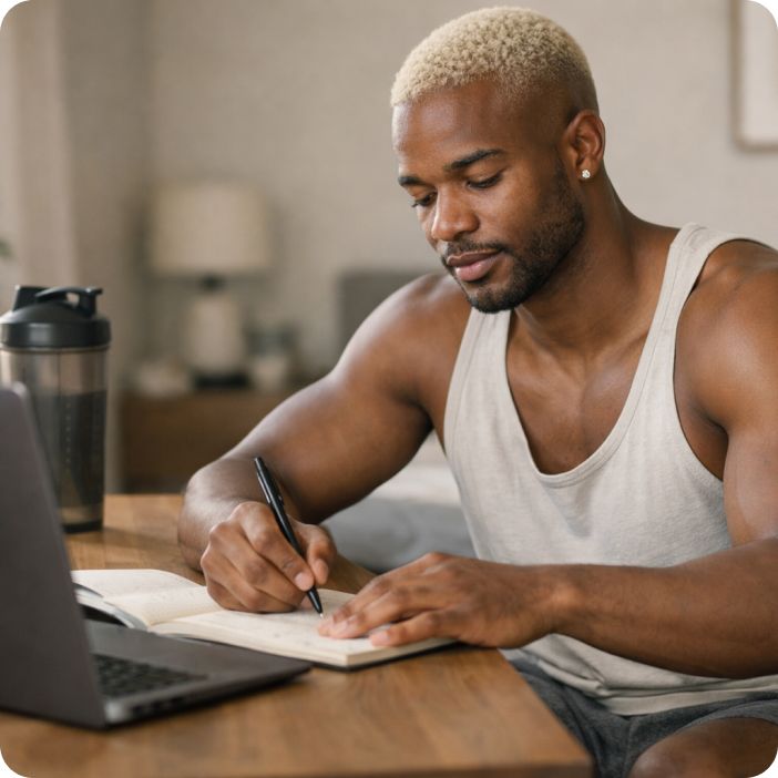 man writing in notebook